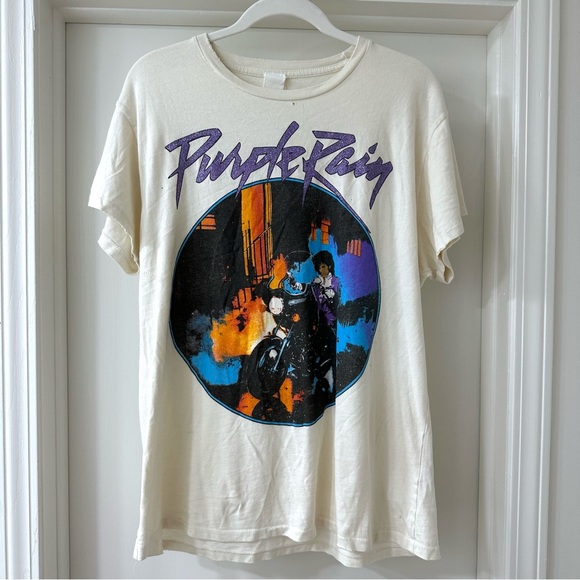MadeWorn Prince Purple Rain Graphic Tee Shirt, Crean with Purple Glitter, Size M - Picture 1 of 9